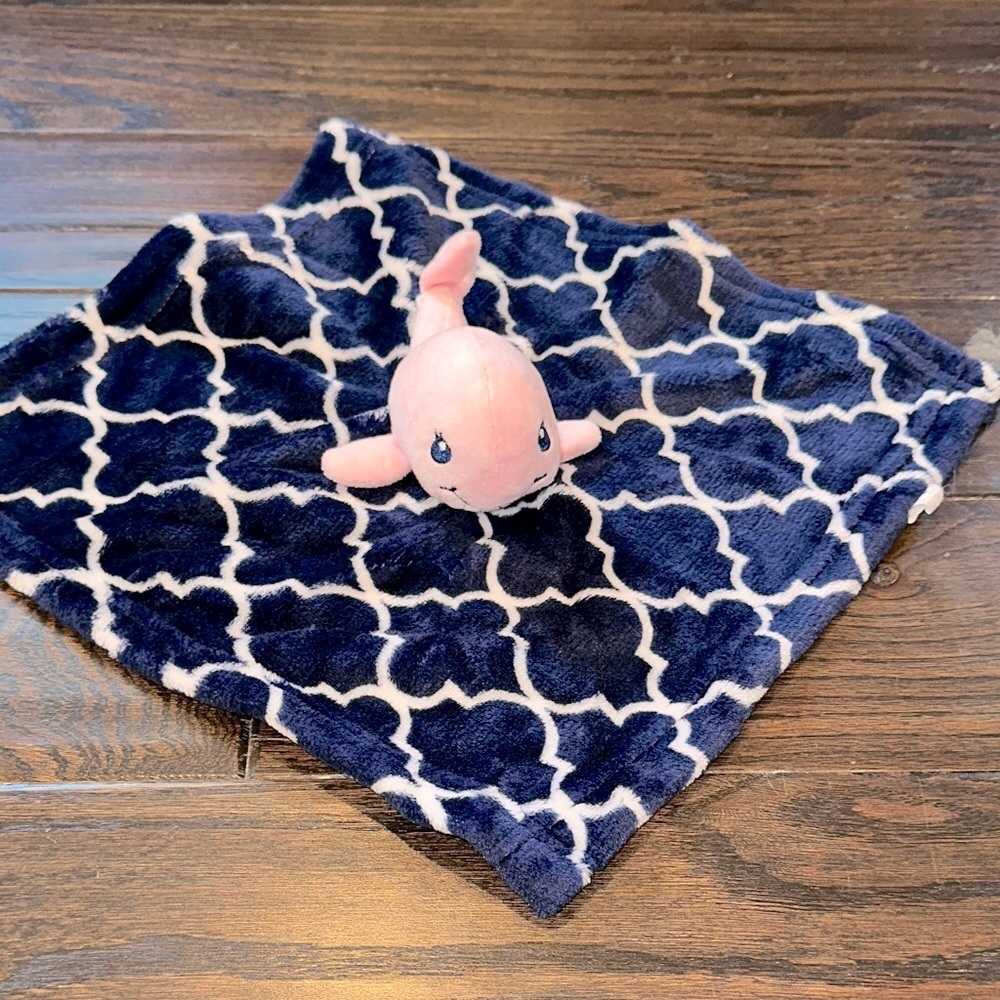 HB Navy and White Patterned small 14x14 baby Blanket with Pink Plush whale Toy